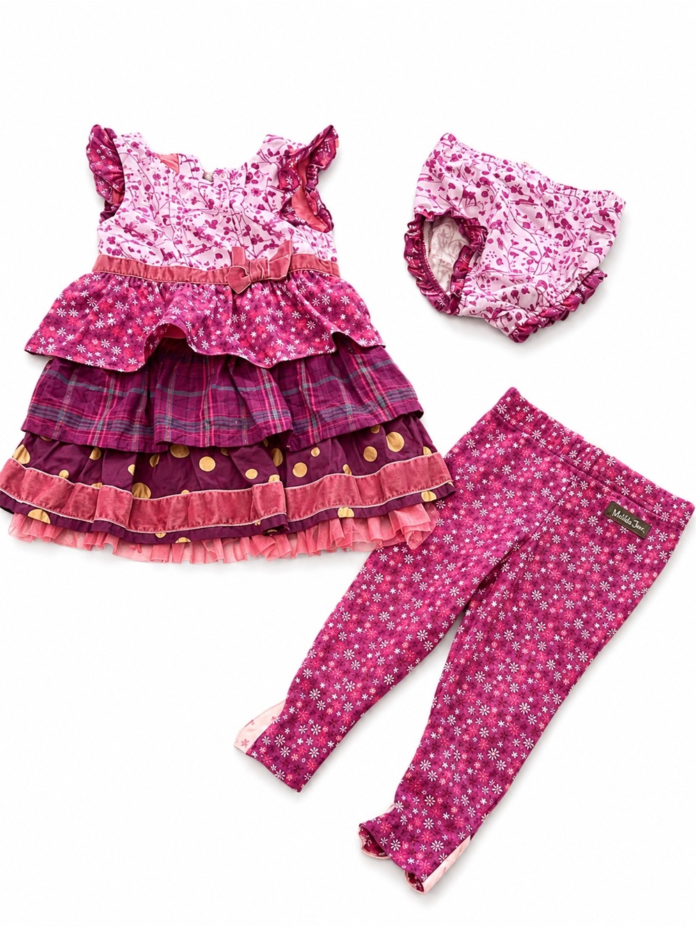 EUC Matilda Jane Friends Forever Tiered Dress Set with Leggings and Bloomers